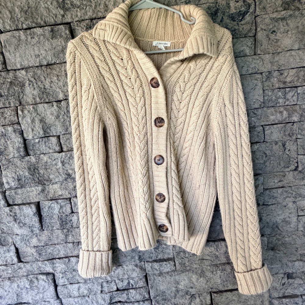 St Johns Bay Cable Knit Cardigan Women Large Tan Chunky Minimalist Cottagecore